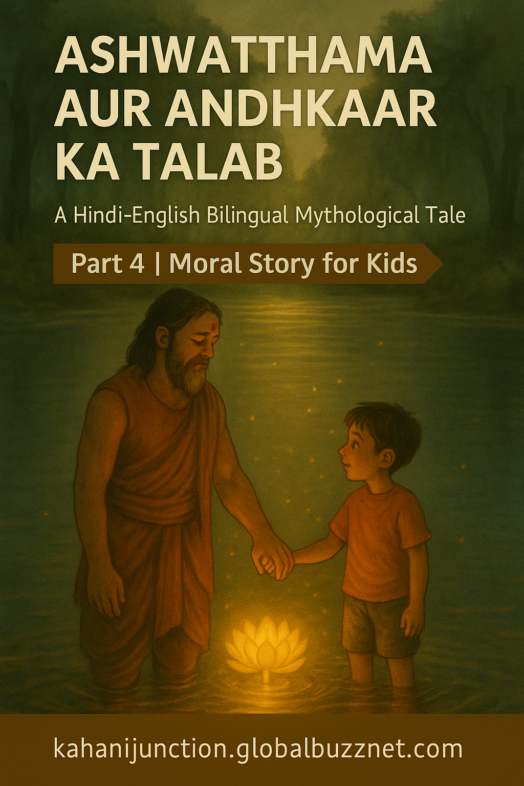 Ashwatthama story for kids part 4 – Rohan and Ashwatthama hold hands near a glowing lotus in the lake, finding peace and redemption.